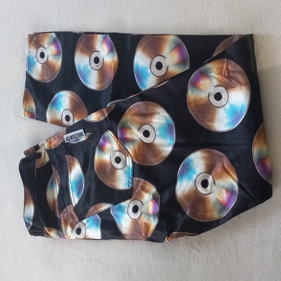 Moschino × H&M CD Print Black Satin Jeremy Scott Designer Rare Limited Ed. Pants - Picture 2 of 16